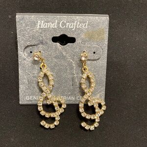 Gold Tone and Crystal Earrings, Treble Clef Signs